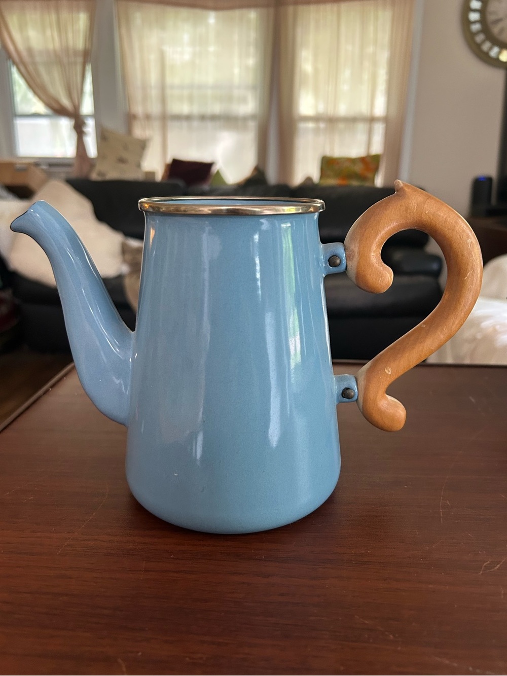 Vintage MacKenzie-Child blue enamel 6” Coffee/Tea pot, no lid, small chip